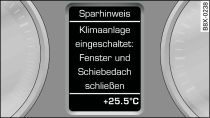 Display: Example of economy tip (Air conditioner is on: close windows and sun roof)